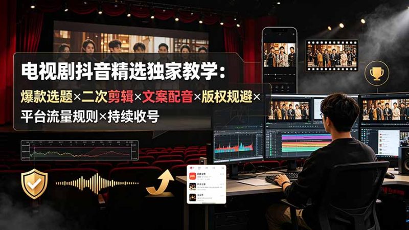 电视剧抖音精选独家教学：爆款选题×二次剪辑×文案配音×版权规避×平台流量规则×持续收益账号-大伟资源网