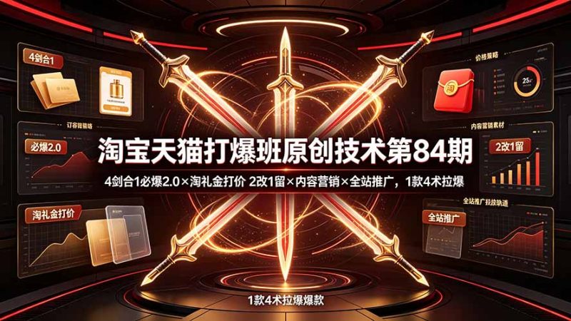 淘宝天猫打爆班原创技术第84期：4剑合1必爆2.0×淘礼金打价×2改1留×内容营销×全站推广，1款4术拉爆-大伟资源网