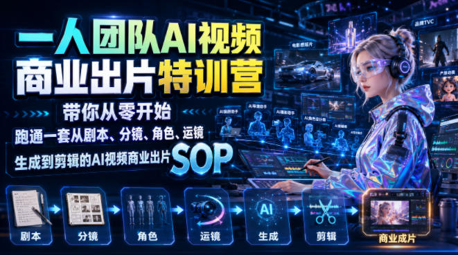 一人团队AI视频商业出片实战课：带你从零开始跑通一套从剧本、分镜、角色、运镜、生成到剪辑的AI视频商业出片SOP-大伟资源网