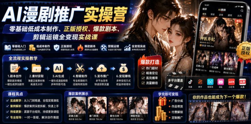 AI漫剧推广实操营｜零基础低成本制作、正版授权、爆款剧本、剪辑运镜全变现实战课-大伟资源网