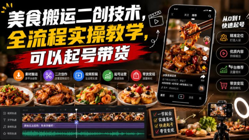 美食搬运二创技术，全流程实操教学，可以起号带货-大伟资源网