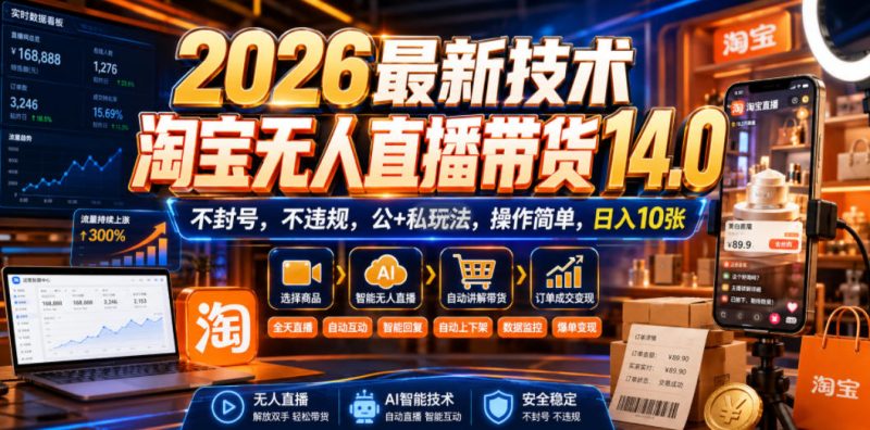 2026最新技术，淘宝无人直播带货14.0，不封号，不违规，公+私玩法，操作简单，日入10张【揭秘】-大伟资源网