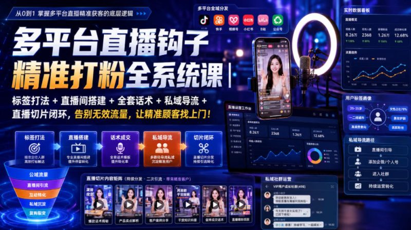 多平台直播钩子精准打粉全系统课|标签打法+直播间搭建+全套话术+私域导流+直播切片闭环,告别无效流量,让精准顾客找上门!-大伟资源网