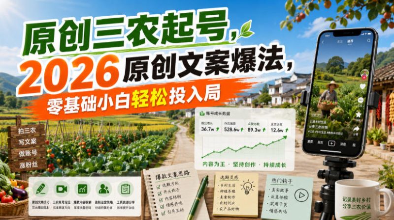 原创三农起号,2026原创文案爆法,零基础小白轻松投入局-大伟资源网