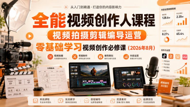 全能视频创作人课程,视频拍摄剪辑编导运营,零基础学习视频创作必修课(2026年8月)-大伟资源网