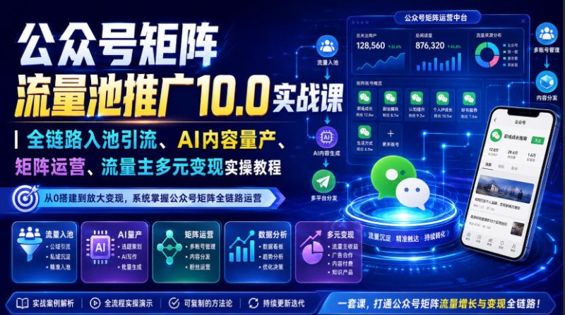 公众号矩阵流量池推广10.0实战课|全链路入池引流、AI内容量产、矩阵运营、流量主多元变现实操教程-大伟资源网