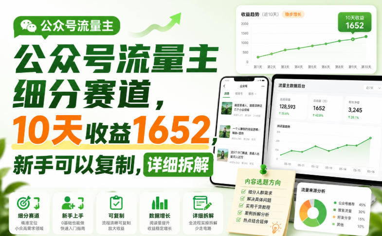 公众号流量主细分赛道，10天收益1652，新手可以复制，详细拆解-大伟资源网