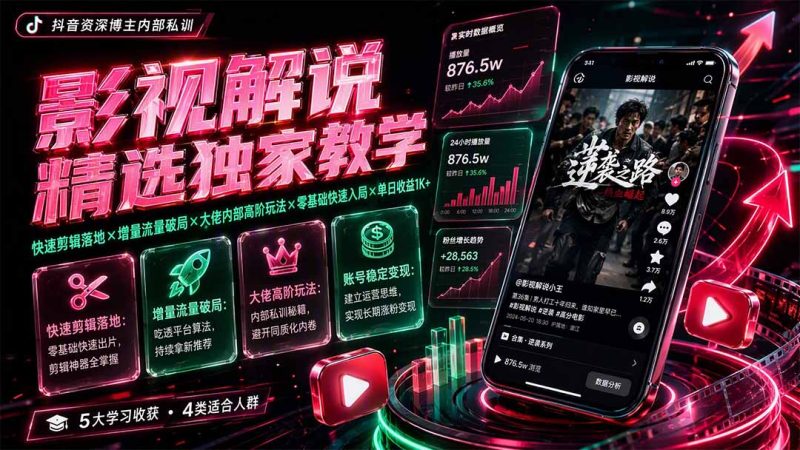 影视解说精选独家教学:快速剪辑落地×增量流量破局×大佬内部高阶玩法×零基础快速入局×单日收益1K+-大伟资源网