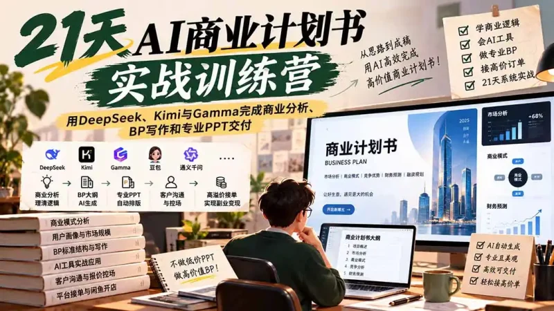 【无水印】21天AI商业计划书实战训练营：用DeepSeek、Kimi与Gamma完成商业分析、BP写作和专业PPT交付-大伟资源网