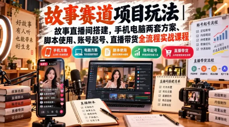 故事赛道项目玩法｜故事直播间搭建，手机电脑两套方案、脚本使用、账号起号、直播带货全流程实战课程-大伟资源网