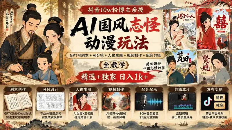 抖音10w粉博主亲授AI国风志怪动漫玩法｜GPT写剧本+AI分镜+人物生图+视频制作+配音剪辑全教学｜精选+独家日入1k+-大伟资源网