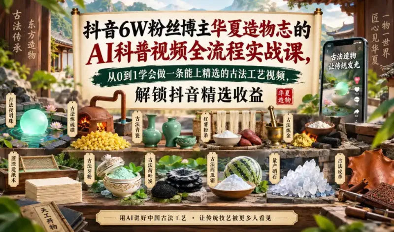 抖音6W粉丝博主华夏造物志的AI科普视频全流程实战课,从0到1学会做一条能上精选的古法工艺视频,解锁抖音精选收益-大伟资源网