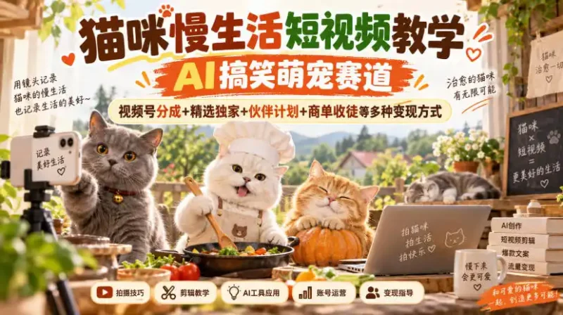 猫咪慢生活短视频教学，AI搞笑萌宠赛道，视频号分成+精选独家+伙伴计划+商单收徒等多种变现方式-大伟资源网