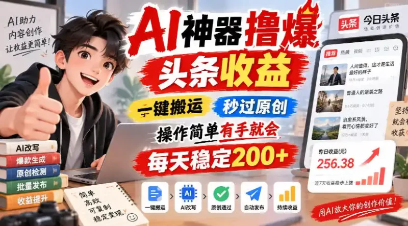 AI神器撸爆头条收益，一键搬运，秒过原创，操作简单有手就会，每天稳定200+【揭秘】-大伟资源网