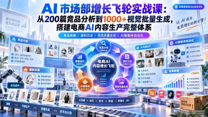 AI 市场部增长飞轮实战课:从200篇竞品分析到1000+视觉批量生成,搭建电商AI内容生产完整体系-大伟资源网
