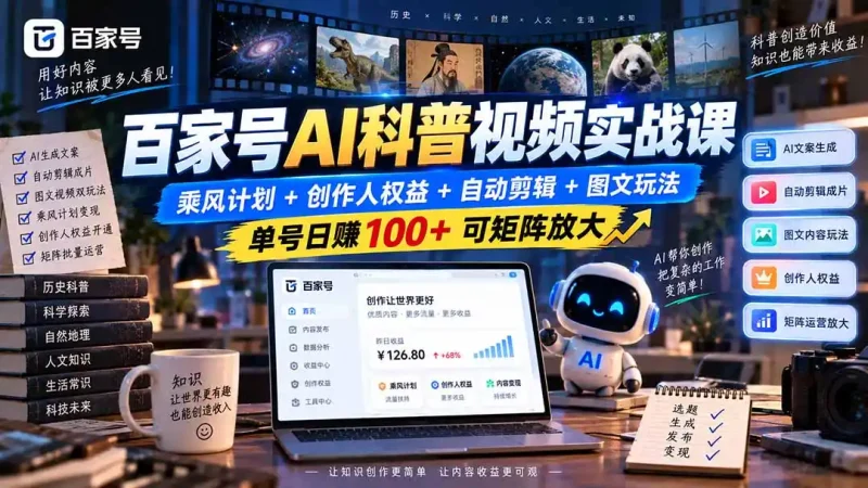 百家号AI科普视频实战课：乘风计划+创作人权益+自动剪辑+图文玩法，单号日赚100+可矩阵放大-大伟资源网