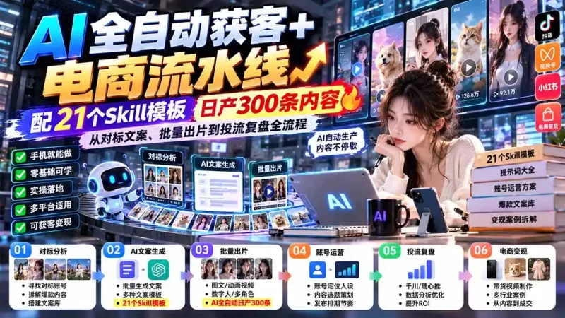【无水印】AI全自动获客+电商流水线:配21个Skill模板,日产300条内容,从对标文案、批量出片到投流复盘全流程-大伟资源网
