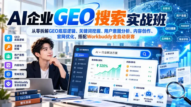 AI企业GEO搜索实战班，从零拆解GEO底层逻辑、关键词挖掘、用户意图分析、内容创作、官网优化，搭配Workbuddy全自动获客-大伟资源网