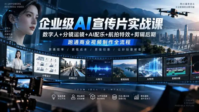 企业级AI宣传片实战课｜数字人+分镜运镜+AI配乐+航拍特效+剪辑后期，跑通商业视频制作全流程-大伟资源网