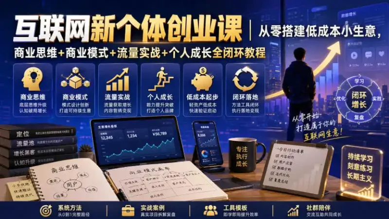 互联网新个体创业课｜从零搭建低成本小生意，商业思维+商业模式+流量实战+个人成长全闭环教程(更新0922)-大伟资源网