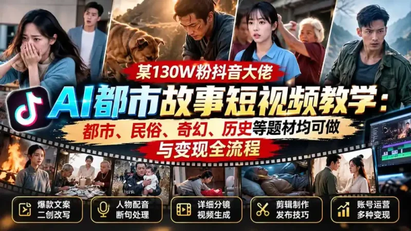 某130W粉抖音大佬AI都市故事短视频教学：都市、民俗、奇幻、历史等题材均可做与变现全流程-大伟资源网