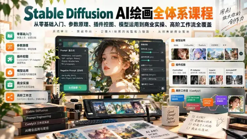 【无水印】Stable Diffusion AI绘画全体系课程，从零基础入门、参数原理、插件控图、模型运用到商业实操、高阶工作流全覆盖-大伟资源网