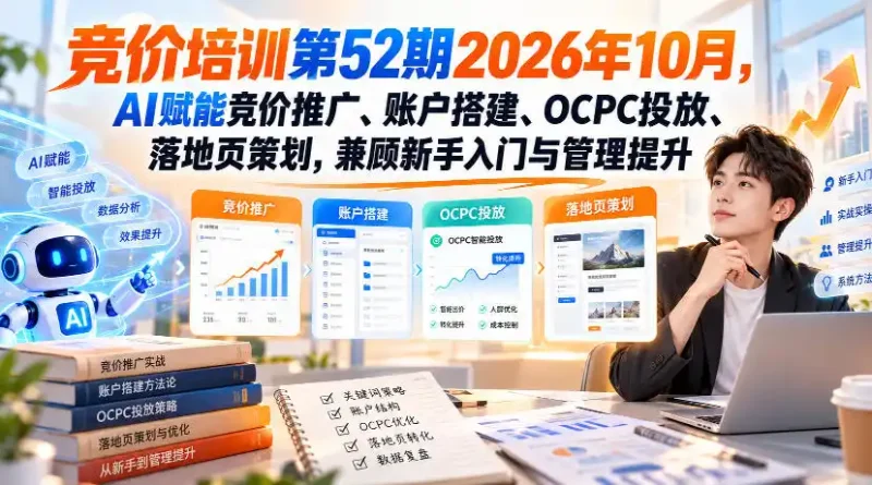 【无水印】竞价培训第52期2026年10月，AI赋能竞价推广、账户搭建、OCPC投放、落地页策划，兼顾新手入门与管理提升-大伟资源网