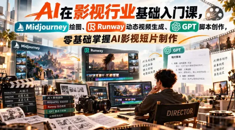 【无水印】AI在影视行业基础入门课，Midjourney绘图、Runway动态视频生成、GPT脚本创作，零基础掌握AI影视短片制作-大伟资源网