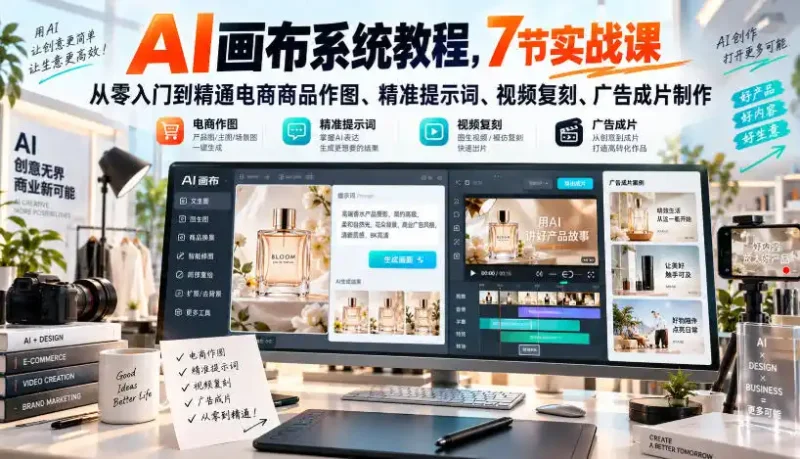 AI画布系统教程，7节实战课从零入门到精通电商商品作图、精准提示词、视频复刻、广告成片制作-大伟资源网