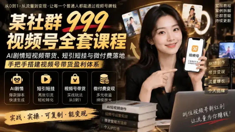 某社群999视频号全套课程，AI剧情短视频带货、短引短挂与微付费落地，手把手搭建视频号带货盈利体系-大伟资源网