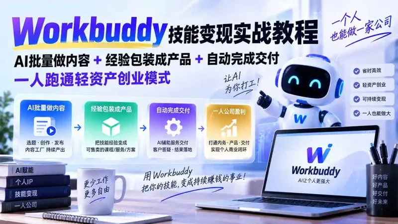 Workbuddy技能变现实战教程:AI批量做内容+经验包装成产品+自动完成交付,一人跑通轻资产创业模式-大伟资源网