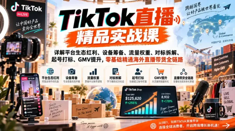 TikTok直播精品实战课,详解平台生态红利、设备筹备、流量权重、对标拆解、起号打标、GMV提升,零基础精通海外直播带货全链路-大伟资源网