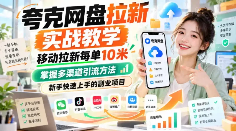 夸克网盘拉新实战教学，移动拉新每单10米，掌握多渠道引流方法，新手快速上手的副业项目-大伟资源网