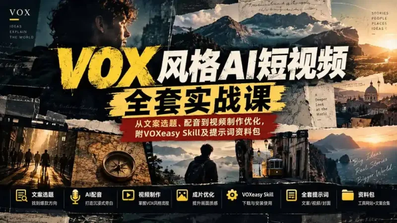 【无水印】VOX风格AI短视频全套实战课：从文案选题、配音到视频制作优化，附VOXeasy Skill及提示词资料包-大伟资源网