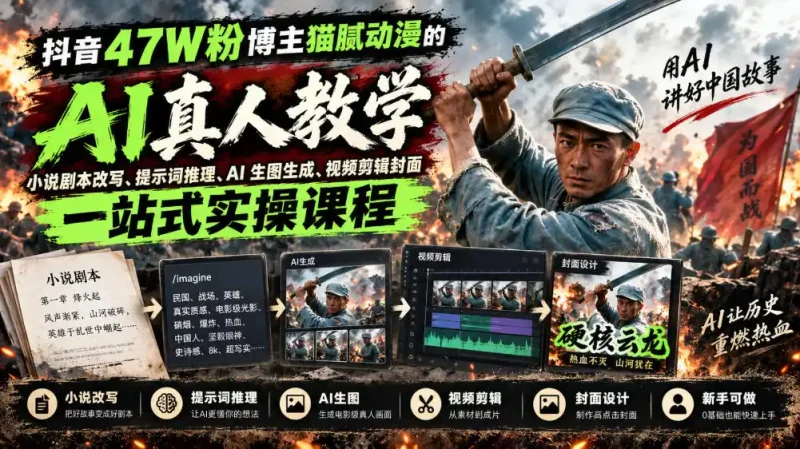 抖音47W粉博主猫腻动漫的AI真人漫剧教学,小说剧本改写、提示词推理、AI生图生成、视频剪辑封面一站式实操课程-大伟资源网