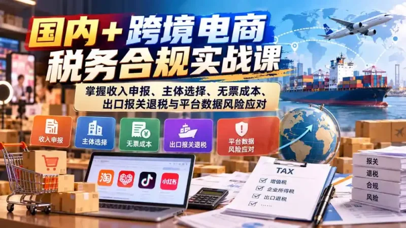 国内+跨境电商税务合规实战课：掌握收入申报、主体选择、无票成本、出口报关退税与平台数据风险应对-大伟资源网