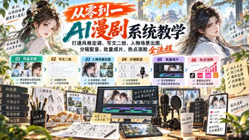 从零到一AI漫剧系统教学，打通风格定调、写文二创、人物场景出图、分镜配音、批量成片、热点涨粉全流程-大伟资源网