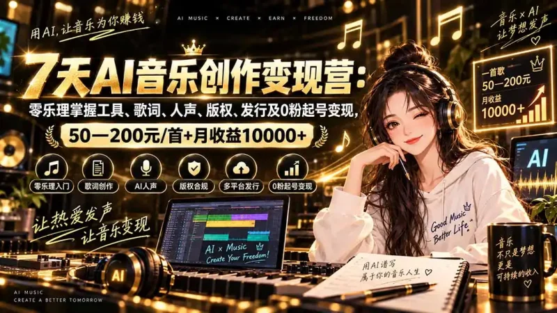 AI音乐创作变现营：零乐理掌握工具、歌词、人声、版权、发行及0粉起号变现，50—200元/首+月收益10000+-大伟资源网