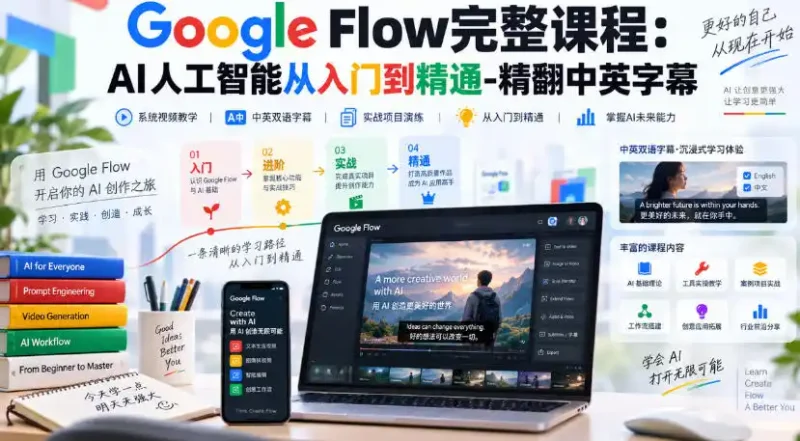 【无水印】Google Flow完整课程：AI人工智能从入门到精通-精翻中英字幕-大伟资源网