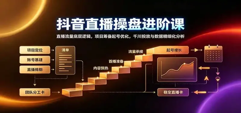 抖音直播操盘进阶课：直播流量底层逻辑，项目筹备起号优化，千川投放与数据精细化分析-大伟资源网