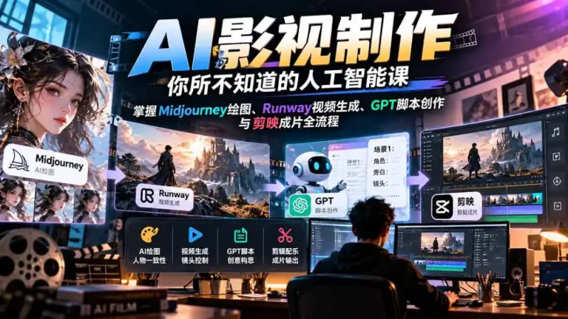 【无水印】AI影视制作-你所不知道的人工智能课，掌握Midjourney绘图、Runway视频生成、GPT脚本创作与剪映成片全流程-大伟资源网