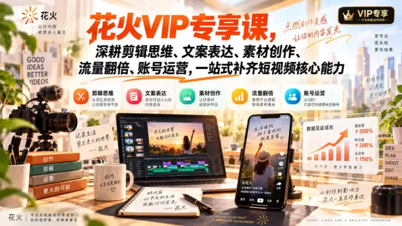 花火VIP专享课，深耕剪辑思维、文案表达、素材创作、流量翻倍、账号运营，一站式补齐短视频核心能力-大伟资源网