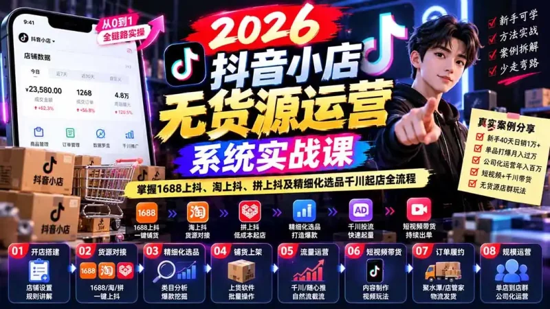 【无水印】2026抖音小店无货源运营系统实战课：掌握1688上抖、淘上抖、拼上抖及精细化选品千川起店全流程-大伟资源网