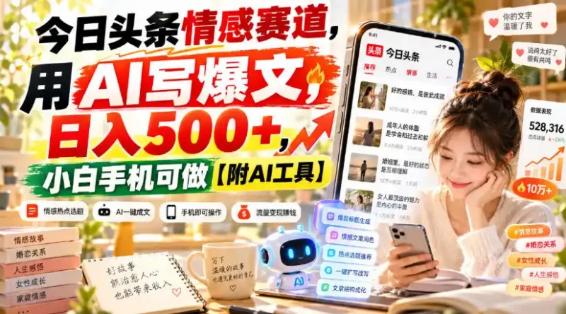 今日头条情感赛道，用AI写爆文，日入500+，小白手机可做【附AI工具】-大伟资源网