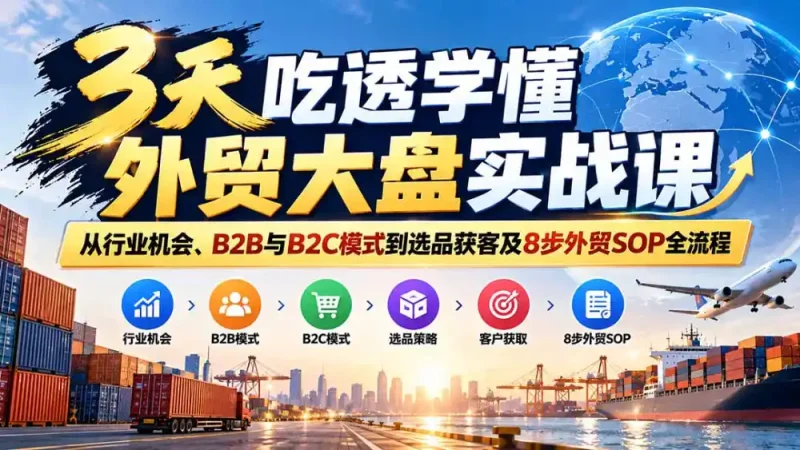 3天吃透学懂外贸大盘实战课:从行业机会、B2B与B2C模式到选品获客及8步外贸SOP全流程-大伟资源网