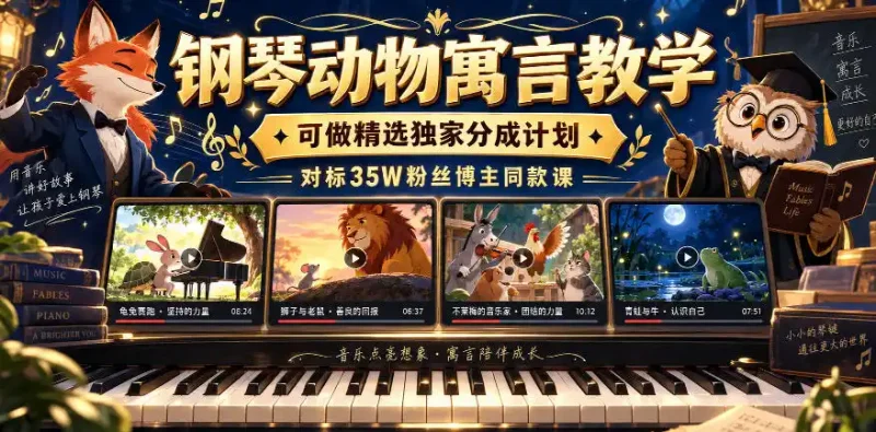 钢琴动物寓言教学,可做精选独家分成计划,对标35W粉丝博主同款课-大伟资源网