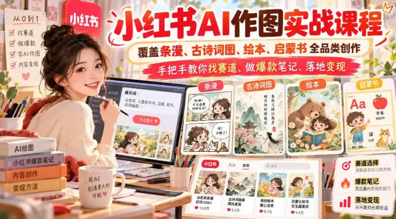 小红书AI作图实战课程，覆盖条漫、古诗词图、绘本、启蒙书全品类创作，手把手教你找赛道、做爆款笔记、落地变现(更新1009)-大伟资源网
