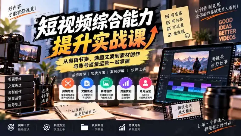 短视频综合能力提升实战课：从剪辑节奏、选题文案到素材创作与账号流量运营一站掌握-大伟资源网