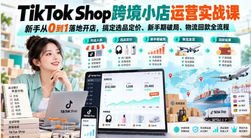 TikTok Shop跨境小店运营实战课，新手从0到1落地开店，搞定选品定价、新手期破局、物流回款全流程-大伟资源网