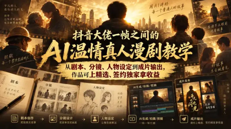 抖音大佬一帧之间的AI温情真人漫剧教学,从剧本、分镜、人物设定到成片输出,作品可上精选、签约独家拿收益-大伟资源网